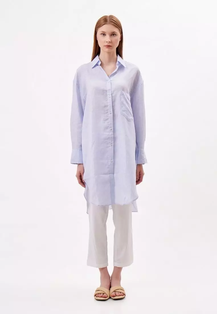 Side Kemeja Linen Oversize Lengan Panjang Wanita Biru | Oversize Linen  Long Sleeve Shirt Women Blue