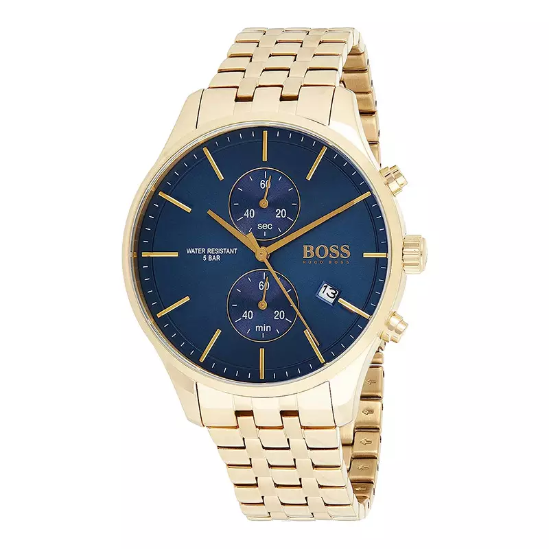 Jam Tangan Pria Hugo Boss Associate 1513841 Men Chronograph Blue Dial Gold Stainless Steel Strap