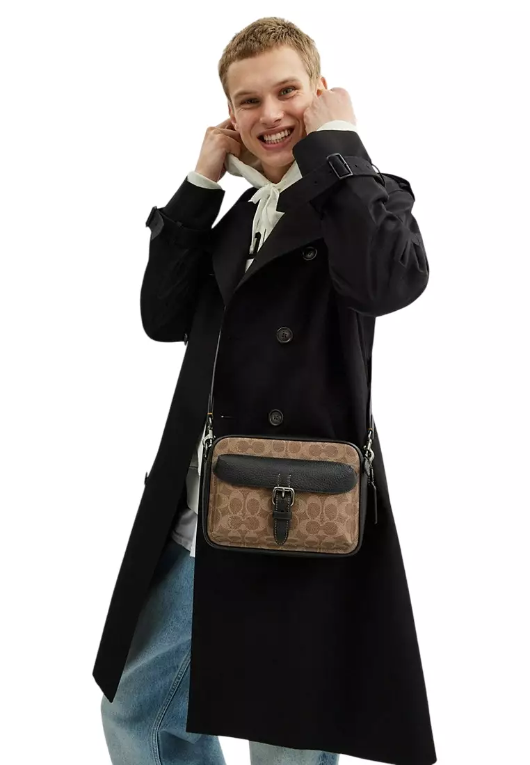 Coach Mens Warner Crossbody Bag In Signature Canvas - Tan/Black 