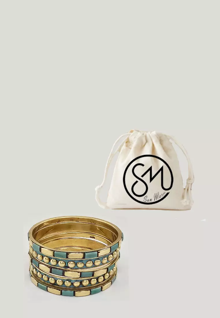 Aksesoris Wanita 5  in 1 Turquoise Inlay  Bangle Gelang Wanita Turqouise & Gold