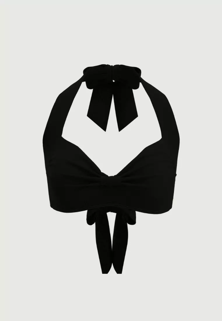 Core Solid Black Knot Front Bikini Top