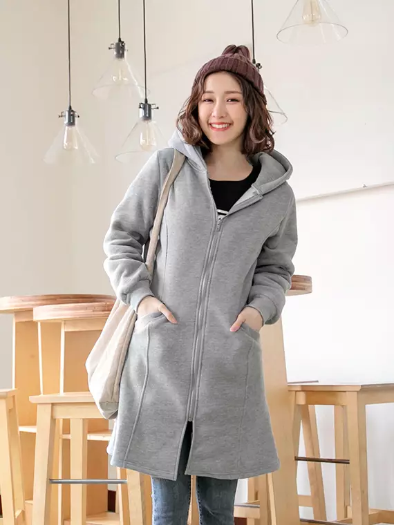 Buy OBSTYLE Warm Inner Brushed Stitching Long Hooded Jacket
