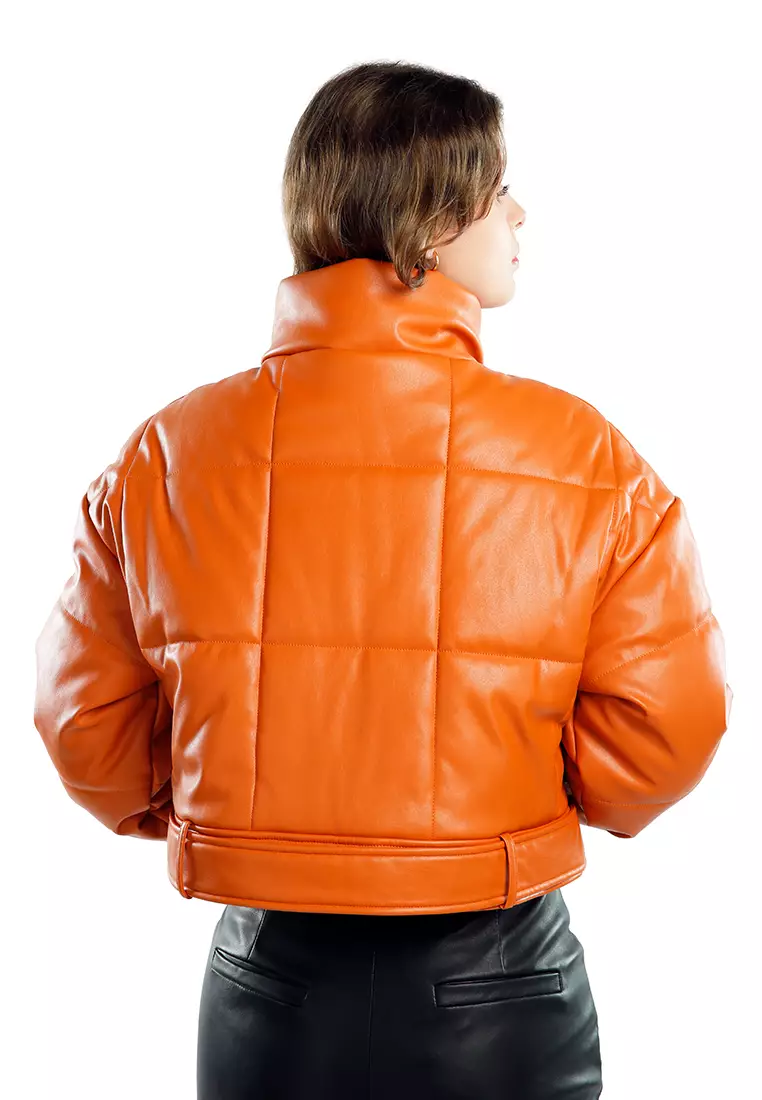 Orange puffer jacket cropped top