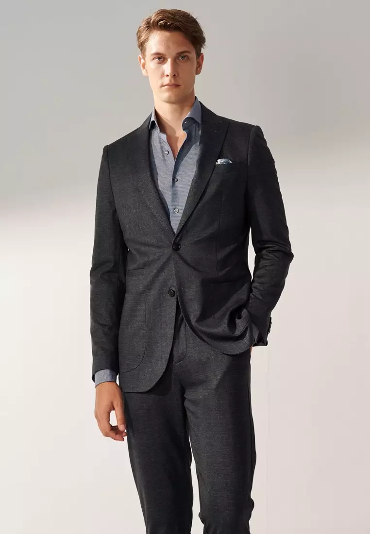 Gray-blue Check Slim Stretch Jersey Blazer