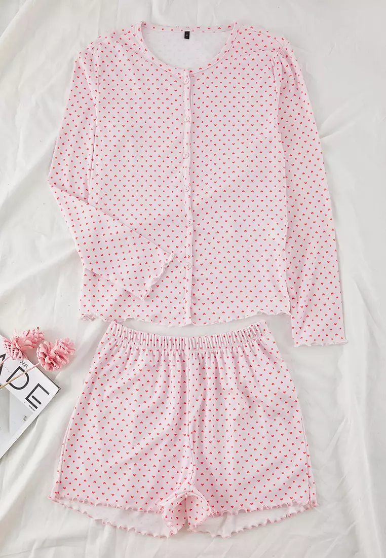 Pink 3-Piece Heart and Polka Dot Ribbed Shorts Knitted Pajama Set THMSS25PT00003