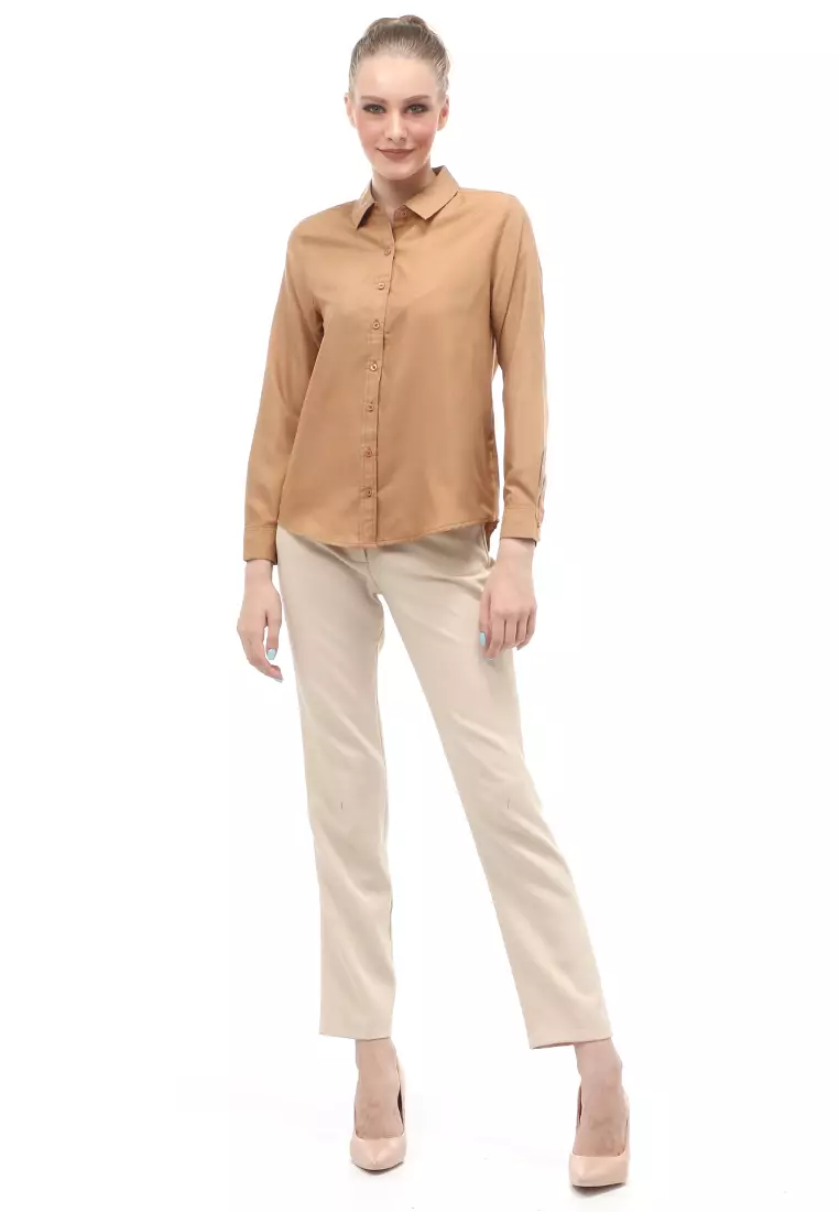 Kemeja Long Sleeves Atasan Wanita Motif Solid Shirt - Brown
