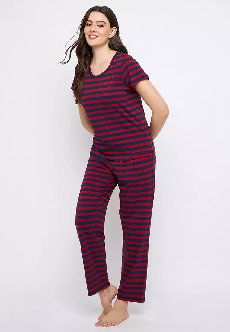 Clovia Striped T-shirt & Pyjama Set in Maroon & Navy Blue - 100% Cotton