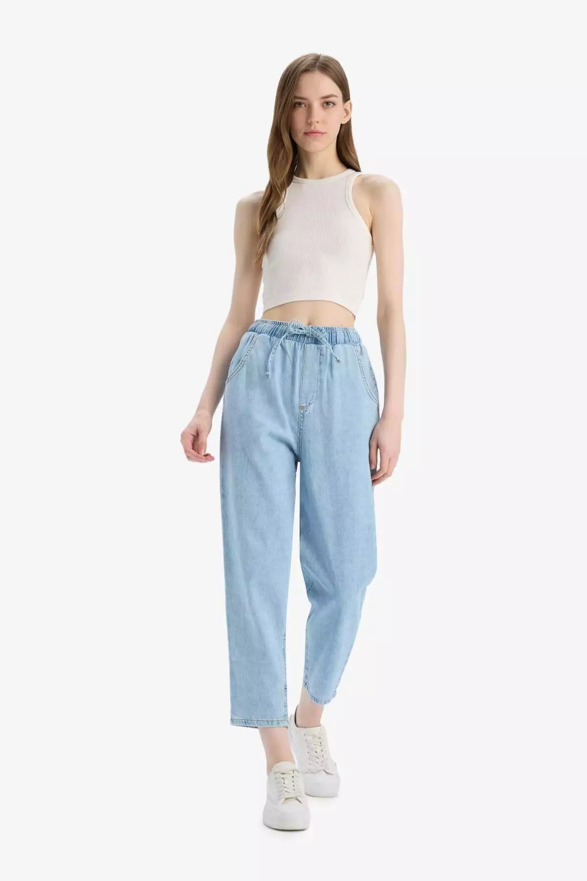 Pull on Paperbag High Waist Jeans, Straight Leg and Soft Long Jeans Pants E0733Ax25Sm