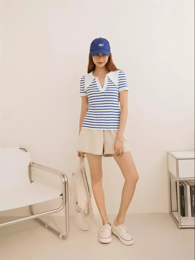 Striped Ribbed V-Neck Back-Tie Short-Sleeve Top [FA2723]