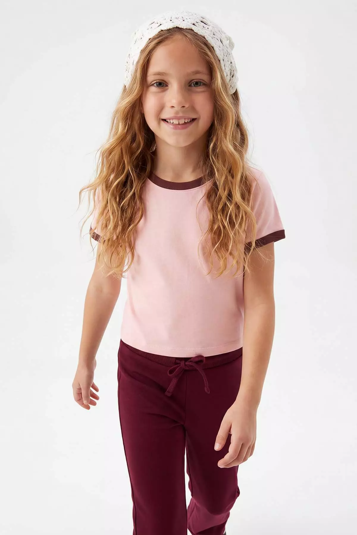 Pink-Ecru 2-Piece Girls' Plain Knitted T-Shirt Tkdss26Ts00015