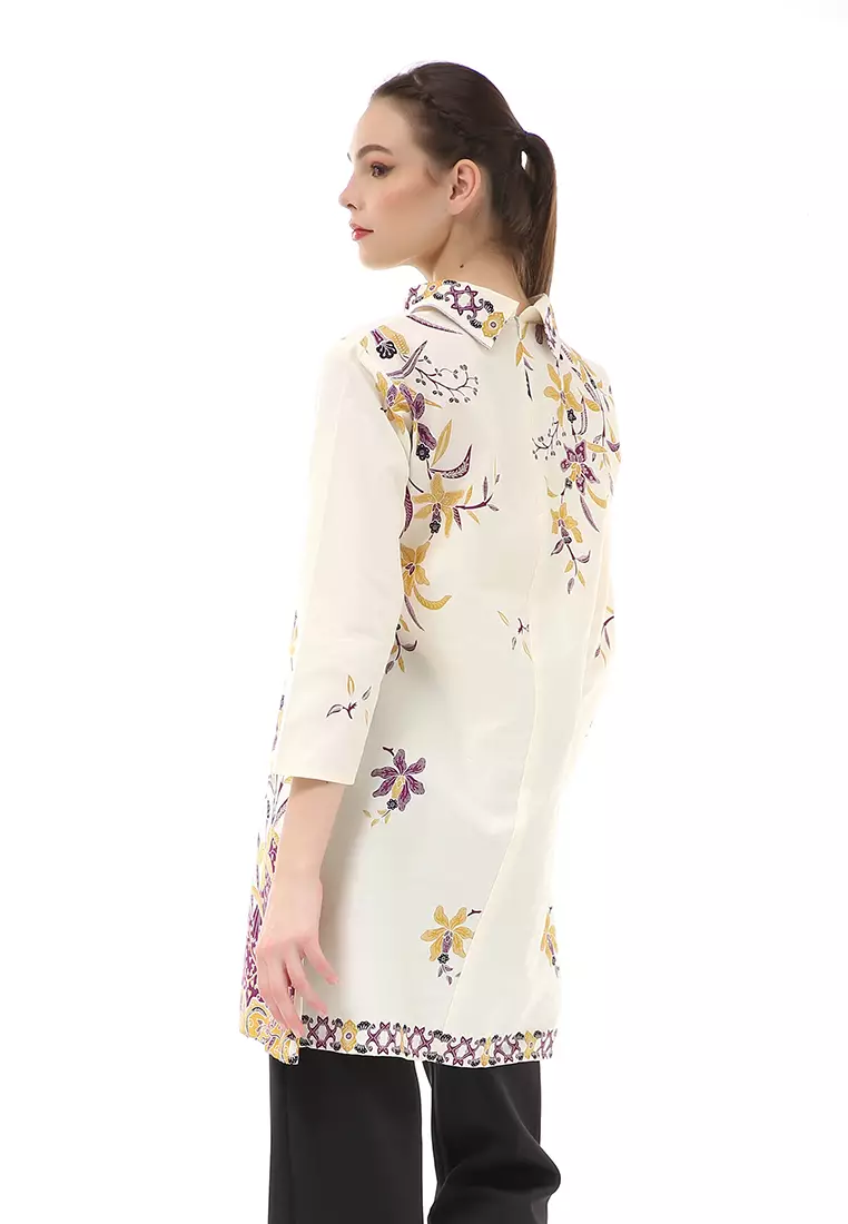 Olaf Atasan Batik Wanita Tunik Traditional Motive Elegant Design Material Cotton ORIGINAL - White Brown