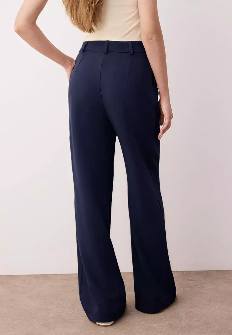 Dark Navy Blue Pleated Wide Leg Pants