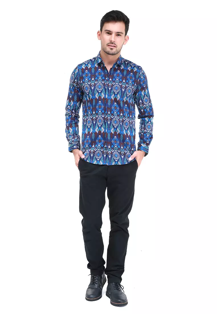 Dwan Kemeja Batik Pria Atasan Formal Longsleeve Shirt Material Cotton ORIGINAL - Navy
