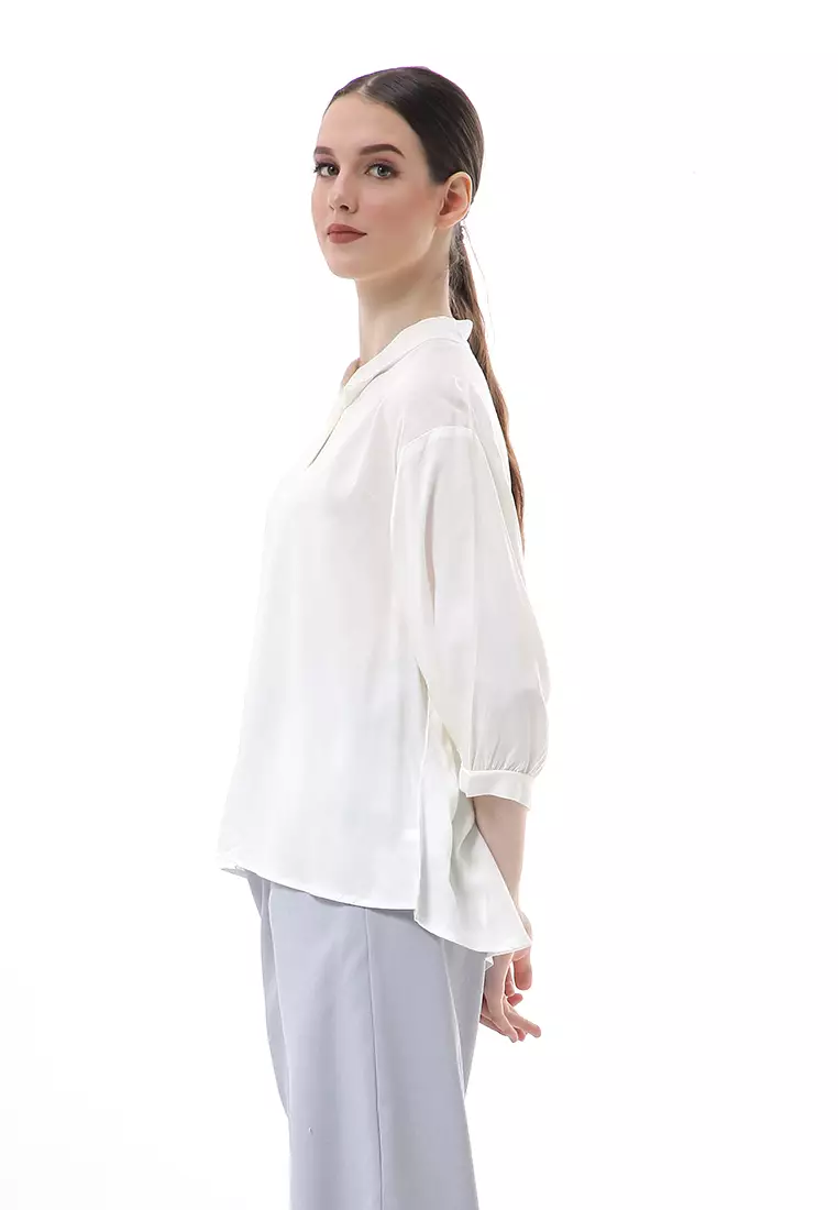 Ghita Kemeja Atasan Wanita Motif Polos Long Sleeve High Quality - Putih Gading