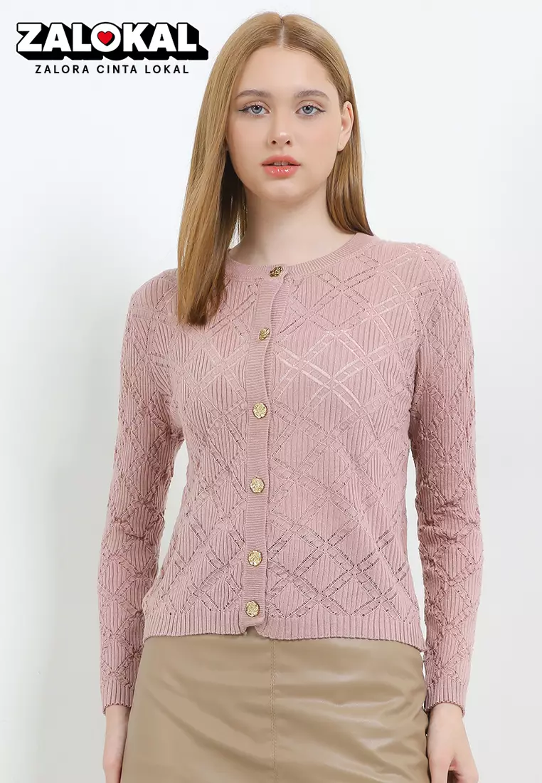 L/S Diamond Pattern Knit Cardigan W/ Rose Buttons