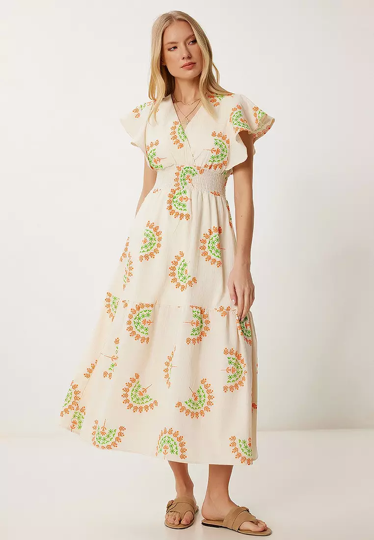 Patterned Flounce Summer Linen Dress