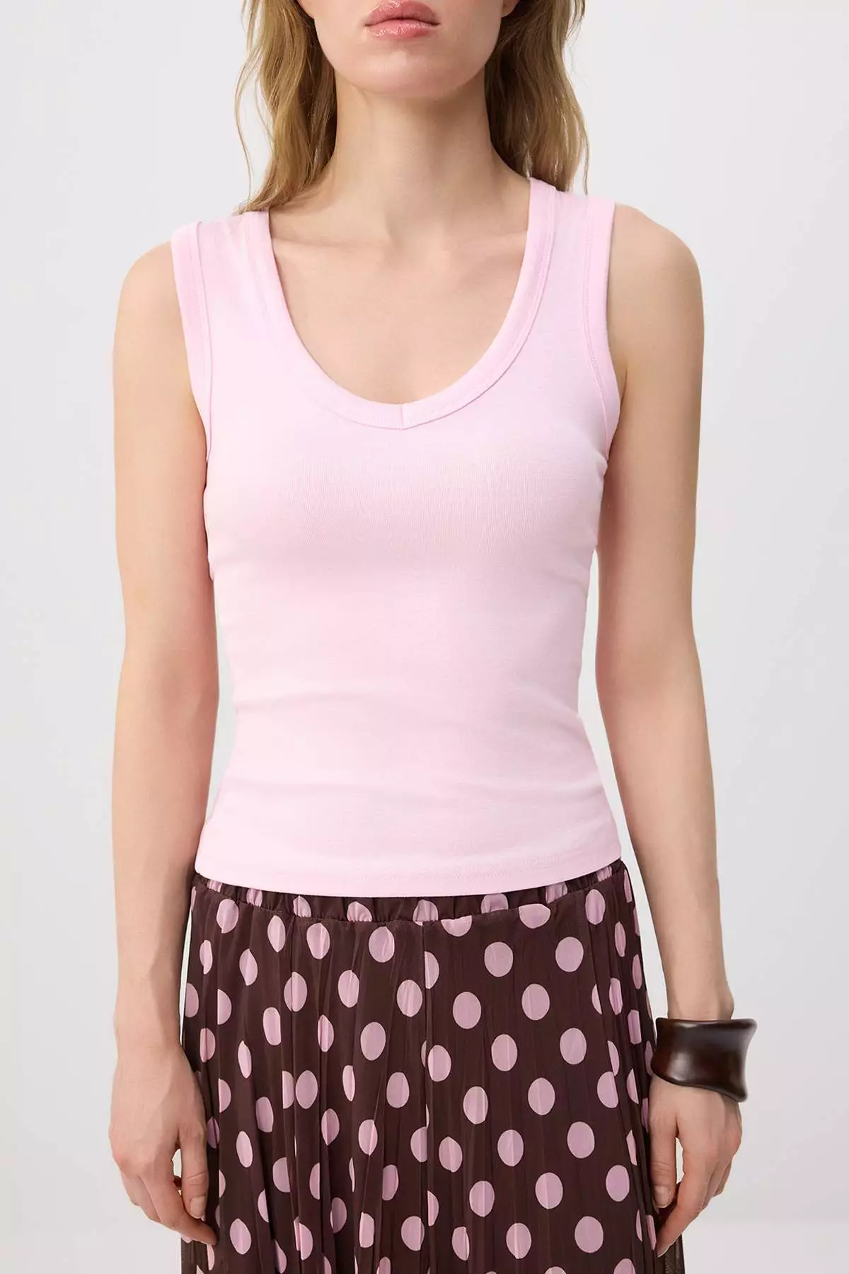 Pink Fitted/Sleeveless Stretchy Knitted Tank Top Twoss25Al00022