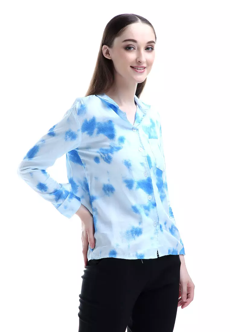 Oakley Long Shirt Tie Dye Design Simple Kemeja Atasan Wanita - Biru
