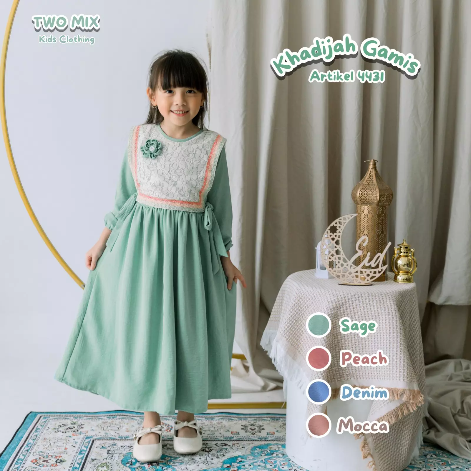 Two Mix - Raya Collection 2025 - Khadijah Baju Gamis Anak Muslim Perempuan Lebaran 1-14 Tahun 4431 Sage