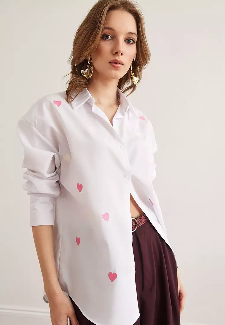 Heart Embroidery Boyfriend Shirt