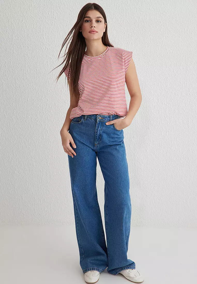 Red Striped Striped Padded Look Basic Crew Neck Knitted T-Shirt