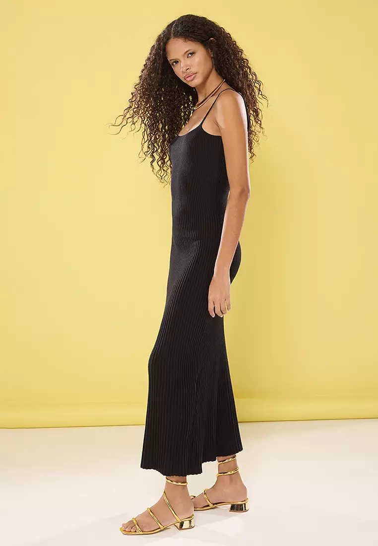 Black Striped Midi Ribbed A-Line Dress TWOSS25EL00503