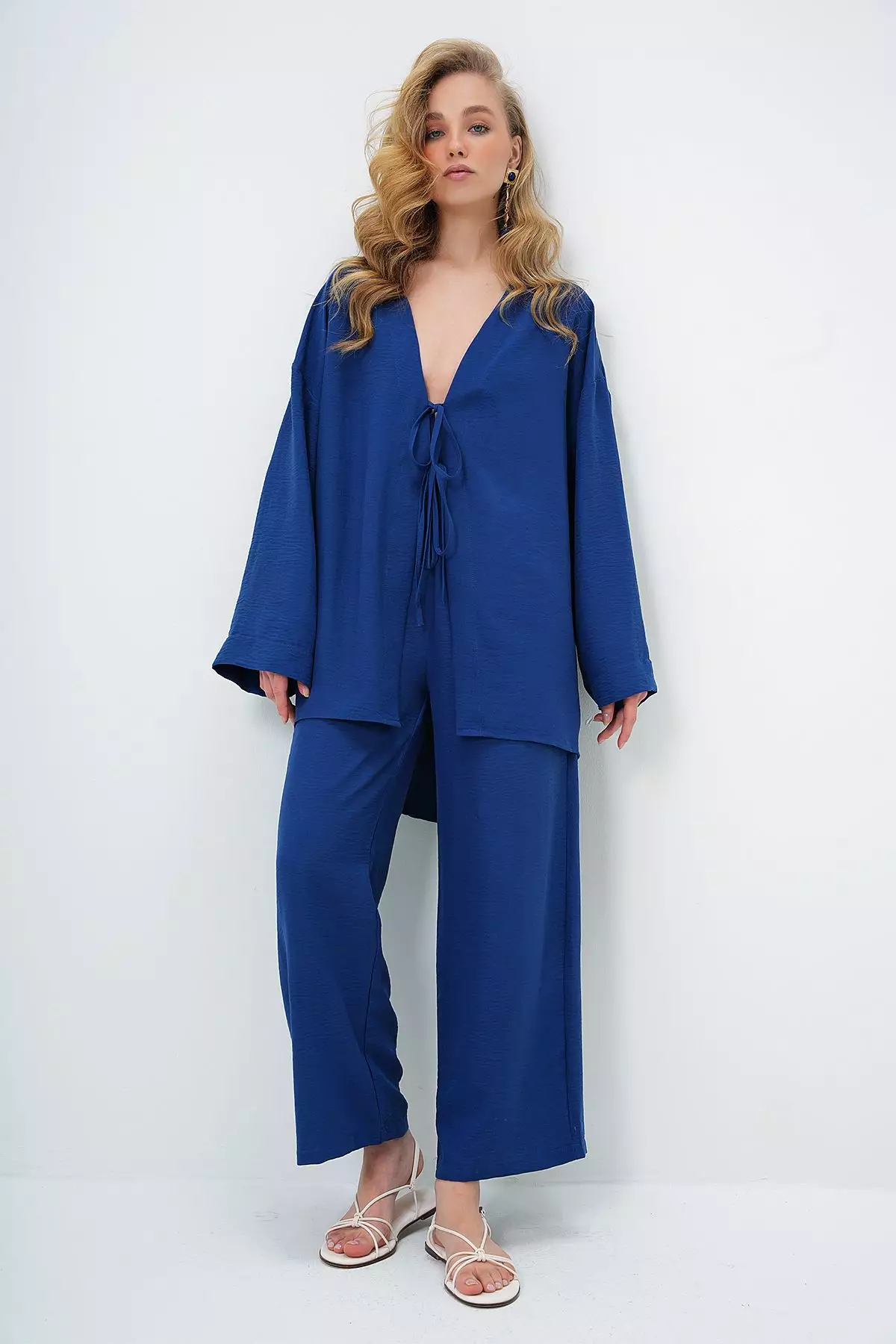 Women's Navy Blue Lace-Up Kimono Jacket And Palazzo Pants Set Alc-X12452