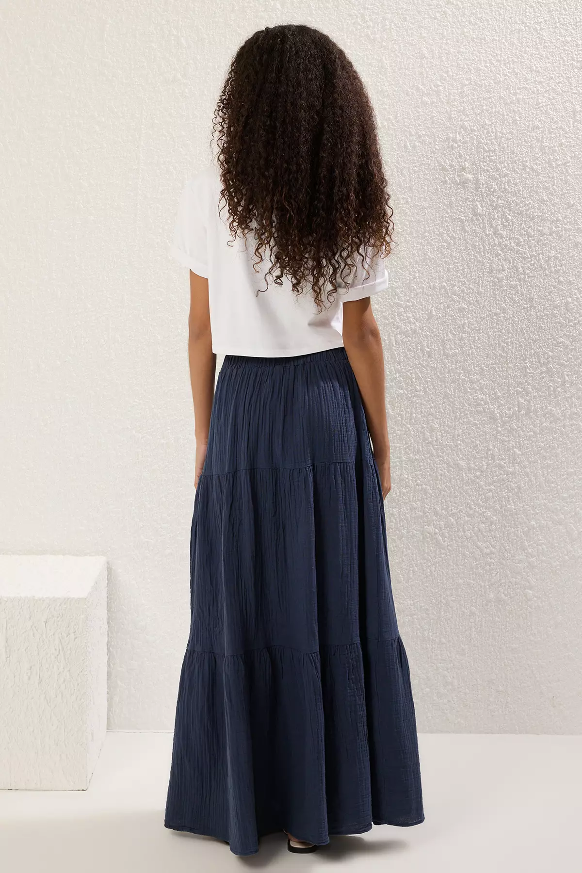 Navy Blue 1% Cotton Muslin Long Maxi Skirt Twoss25Et174