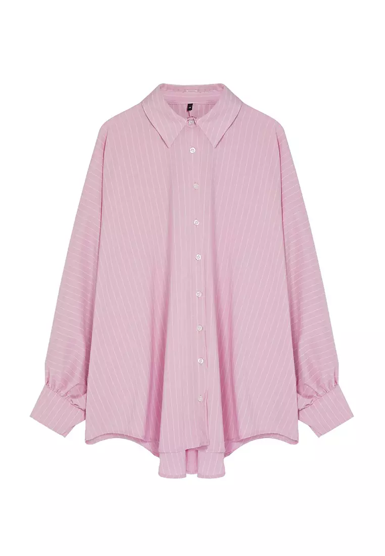 Pink Striped Balloon Sleeve Cotton Woven Shirt TCTSS24TG00072