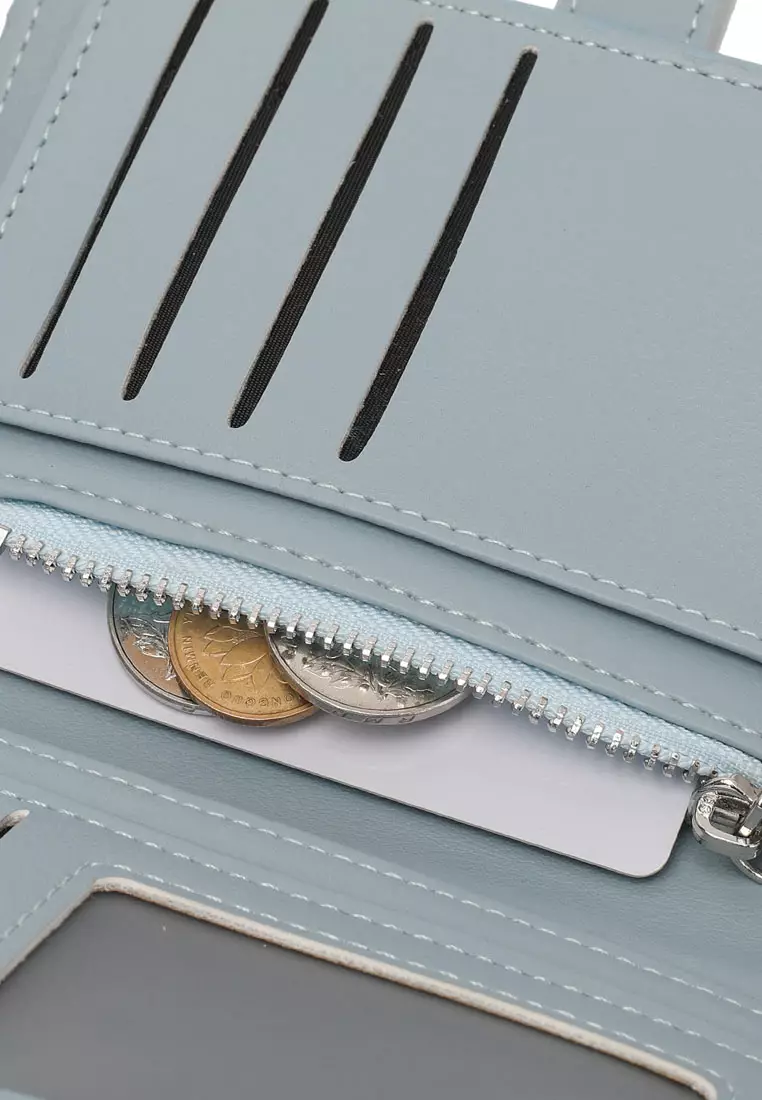 Women's Pin Button Bi Fold Leather Short Wallet / Purse With Coin Compartment