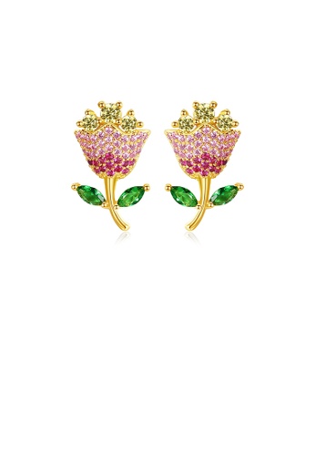 Glamorousky silver Fashion and Elegant Plated Gold Flower Stud Earrings with Colorful Cubic Zirconia 0AC6FAC48D6F95GS_1