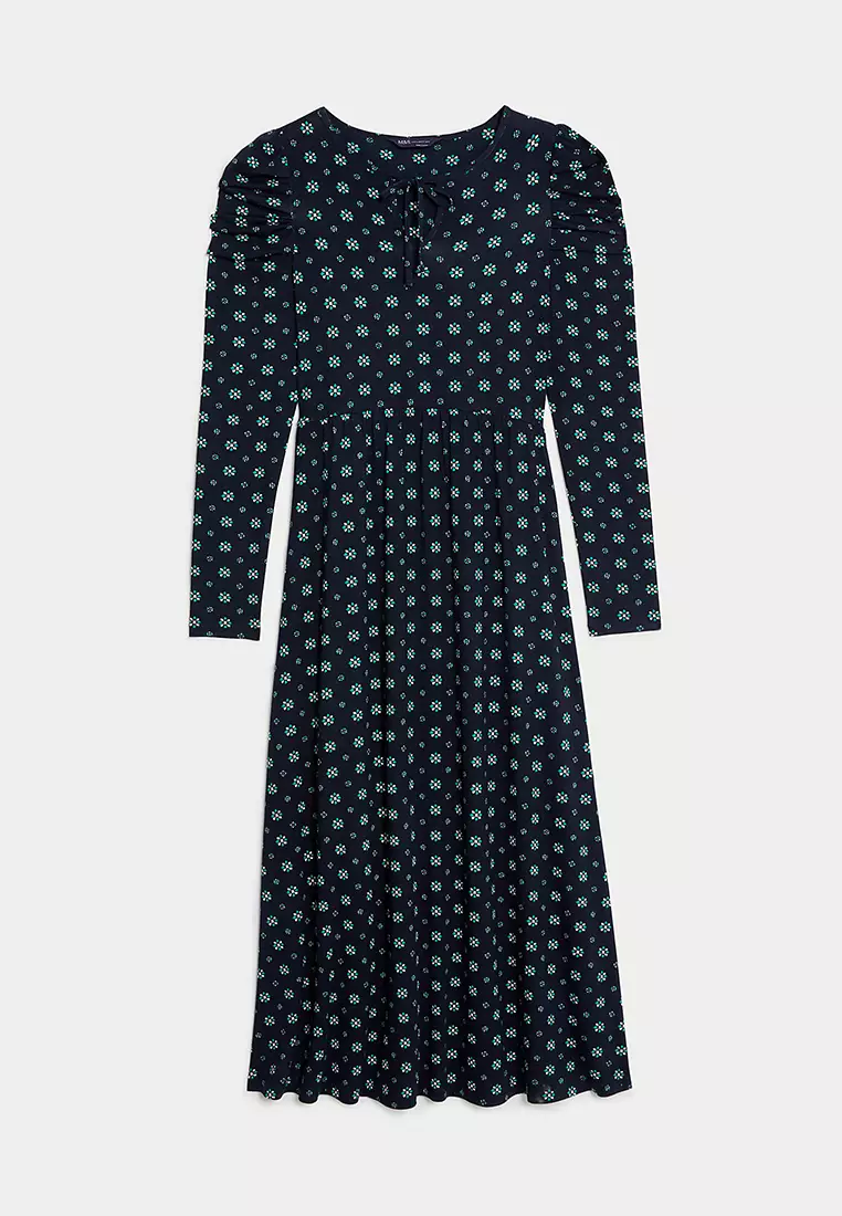 Jersey Printed Tie Neck Midi Column Dress