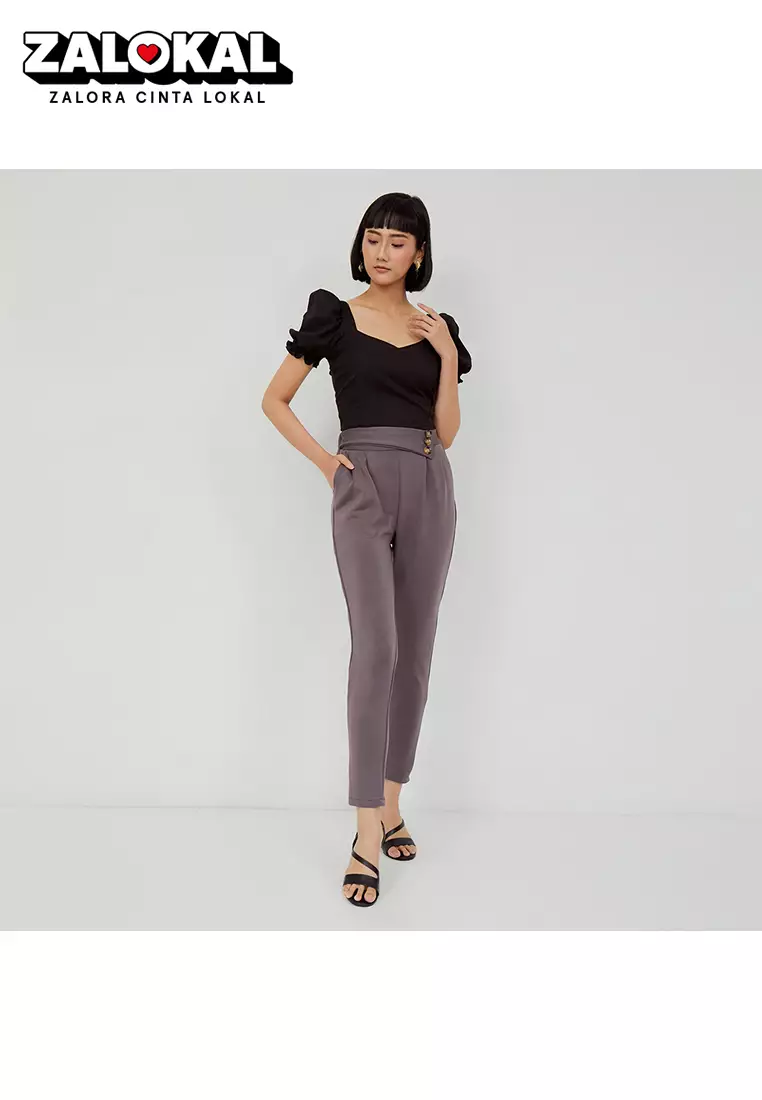 MAYONETTE Fiana Highwaist Pants - Celana Bahan Wanita Korean Style - Grey