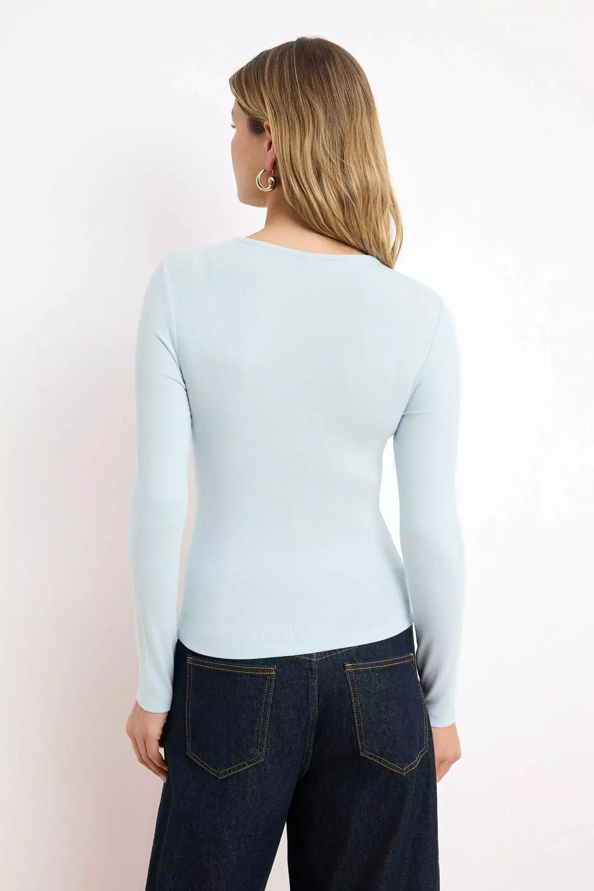 Light/Baby Blue Regular/Normal Fit V-Neck Short Sleeve Soft Knitted Blouse Twoss26Bz641