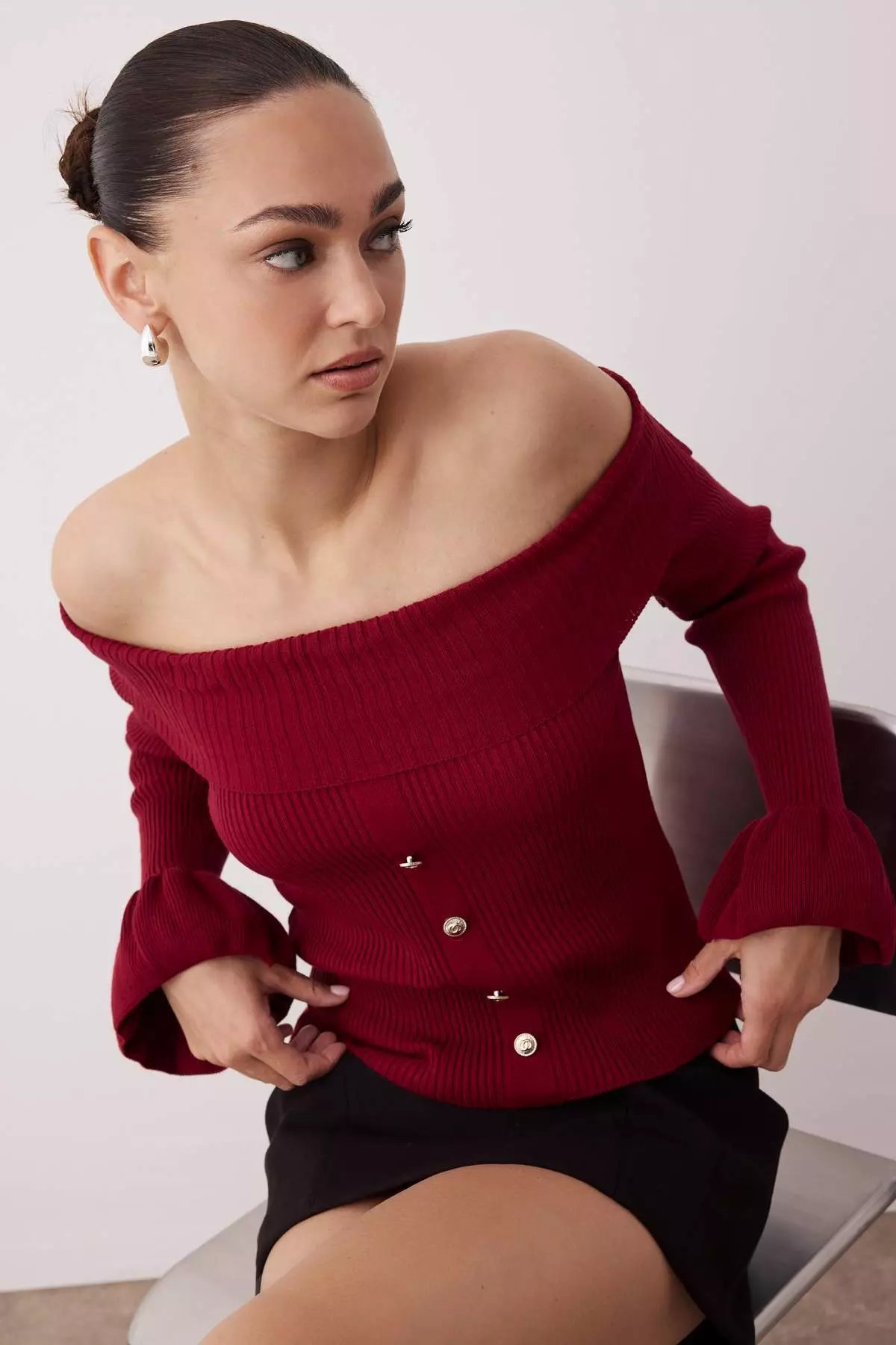 Burgundy Fitted Body Carmen Collar Ribbed Knitwear Sweater