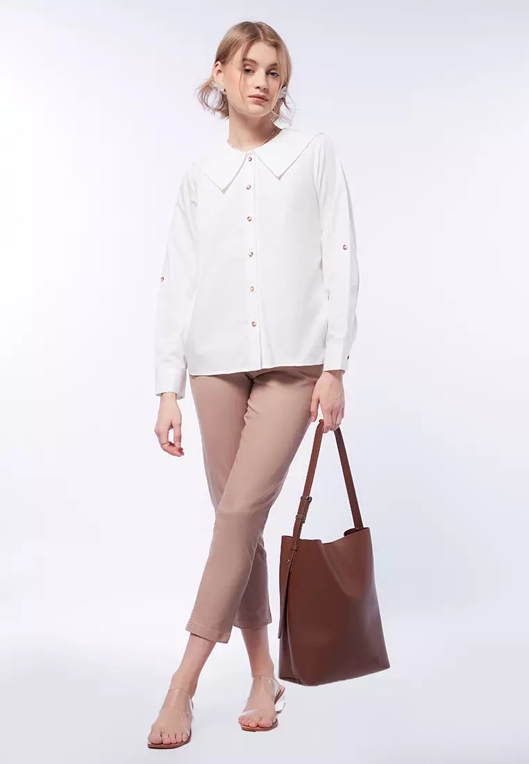 Jual Et Cetera Collared Long Sleeve Blouse Off White Original Zalora Indonesia