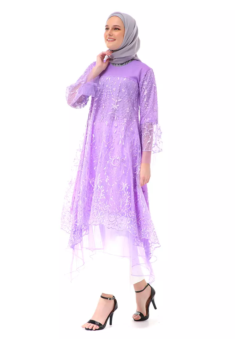Laika Dress Muslimah Brukat Long Sleeve High Quality Premium Wanita - Lilac