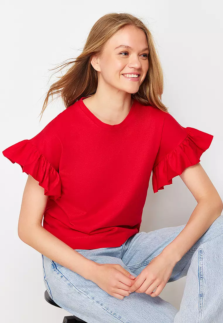 Red Ruffle Detailed Basic Crew Neck Knitted T-Shirt