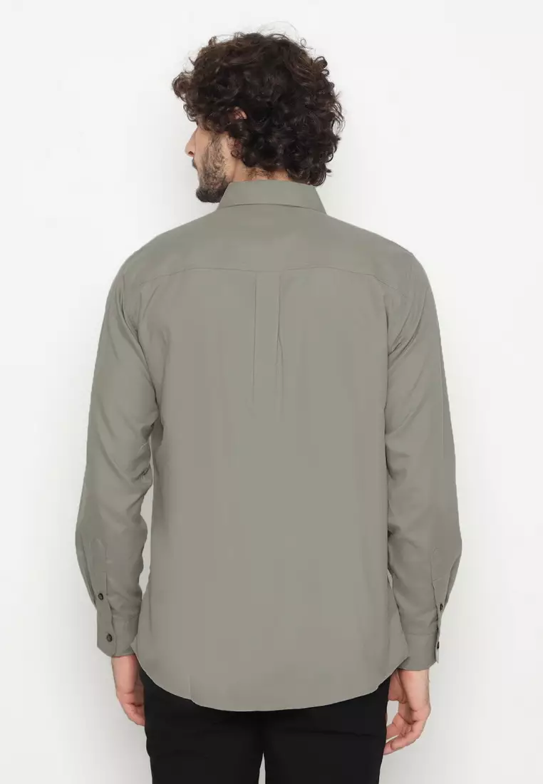 POLICE Kemeja Polos Basic Cotton Soft Grey Regular Fit Lengan Panjang Pria