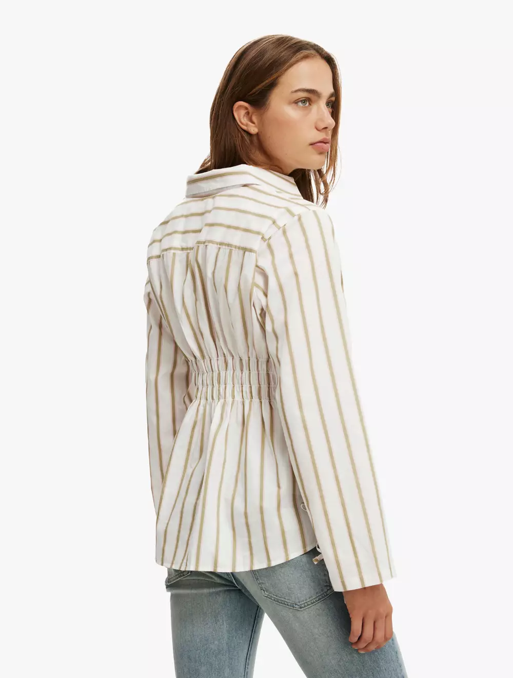 COTTON ON - ATASAN - GATHERED LONG SLEEVE SHIRT - COOL KHAKI STRIPE