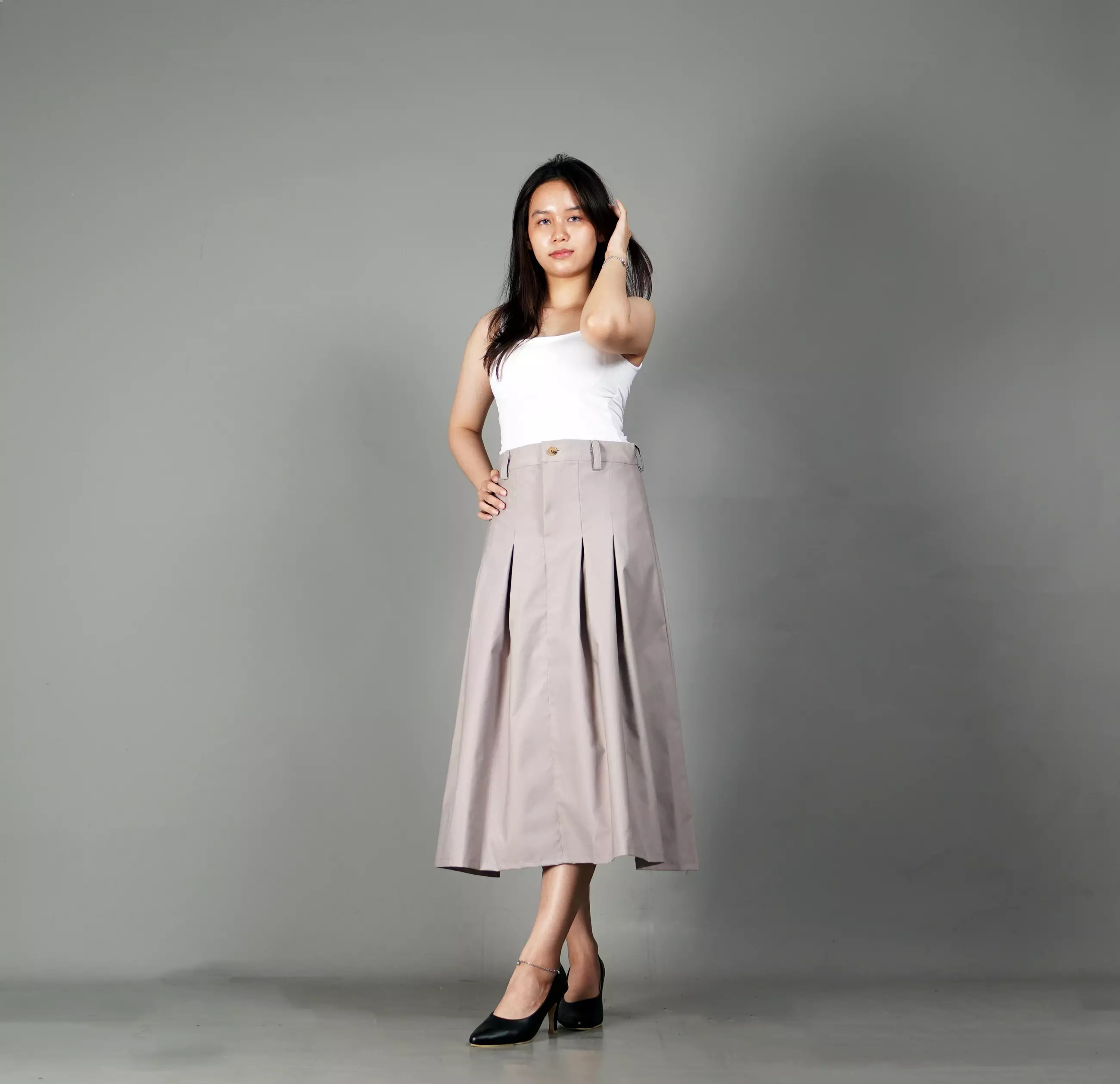 RUBY Pleated Skirt A Line Skirt Rok Lipat Rok 3/4 - BEIGE