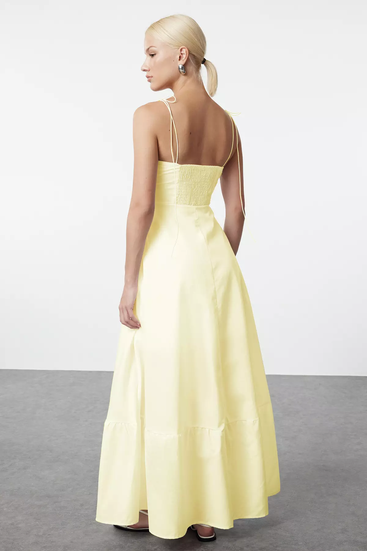 Light Yellow Waist Opening Drape Detailed Strap Woven Maxi Dress