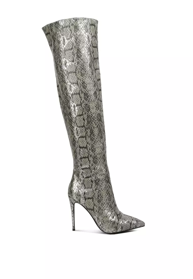 Discount on London Rag  shoes - SKU: Grey Snake Print Stiletto Knee Boots