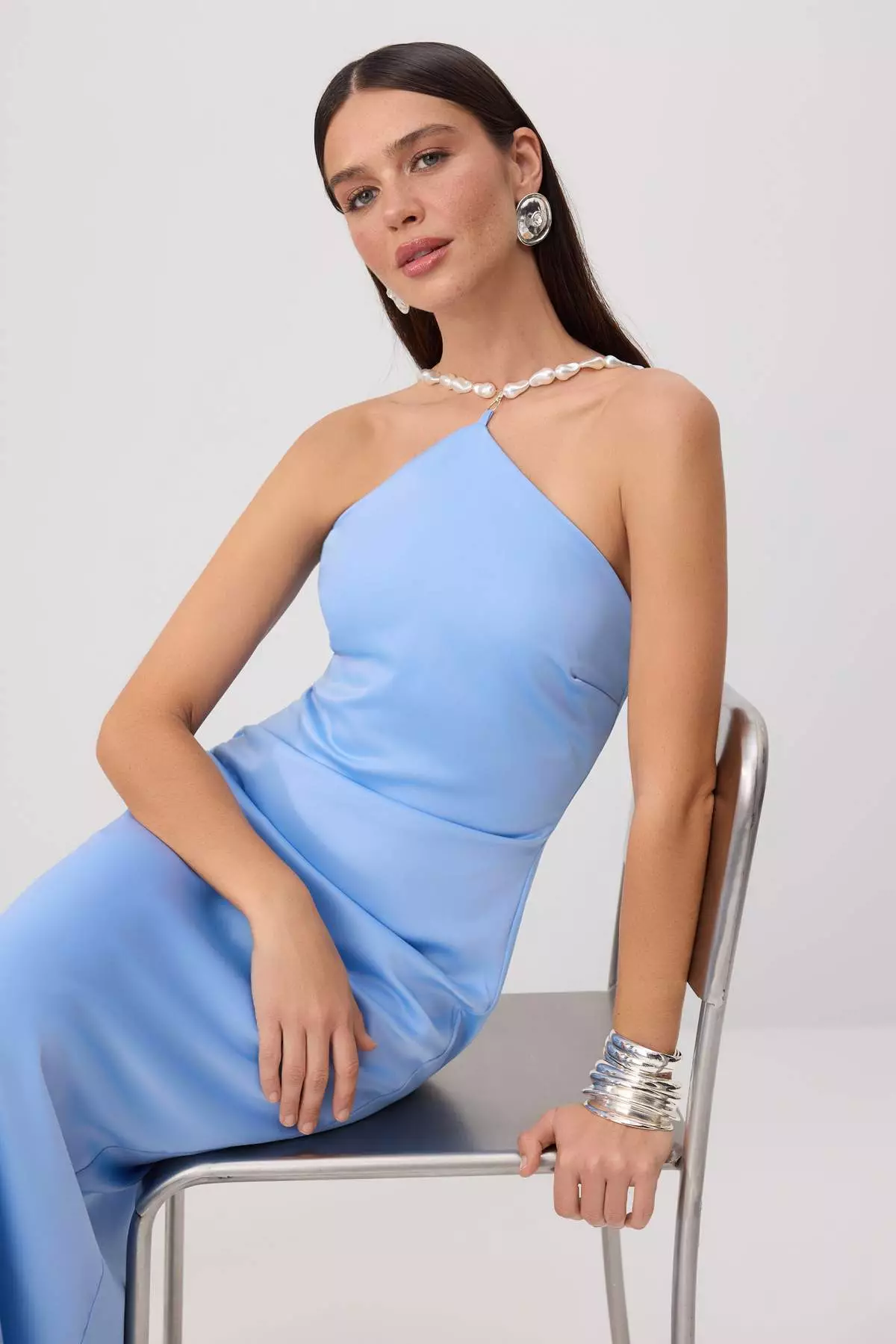 Light Blue Halter Neck Shift/Straight Maxi Woven Satin Evening & Homecoming Dress Tprss26Ae00127