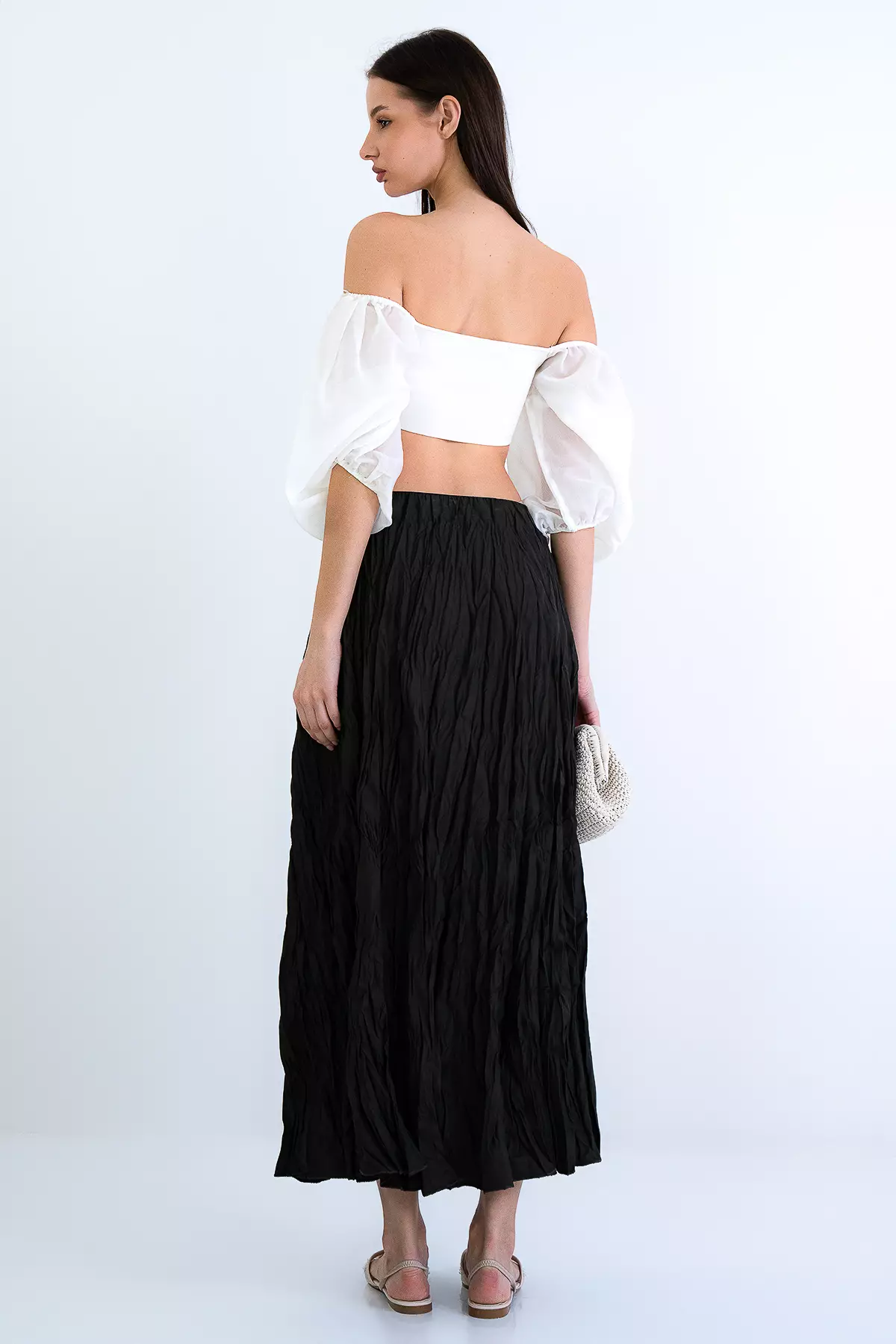 Khaki Soft Crush Textured Midi Skirt Alc-X15225