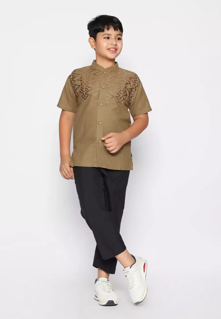 Baju Koko Set Anak Laki Bordir Vertical Dark Green - GENUINE