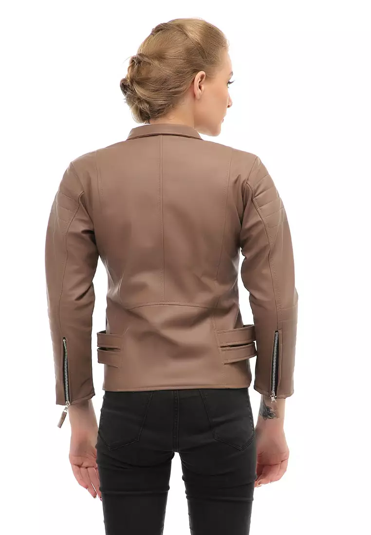Glenice Jacket Outer Wanita Lengan Panjang Windproof Zipper Pocket Material Leather ORIGINAL - Mocca