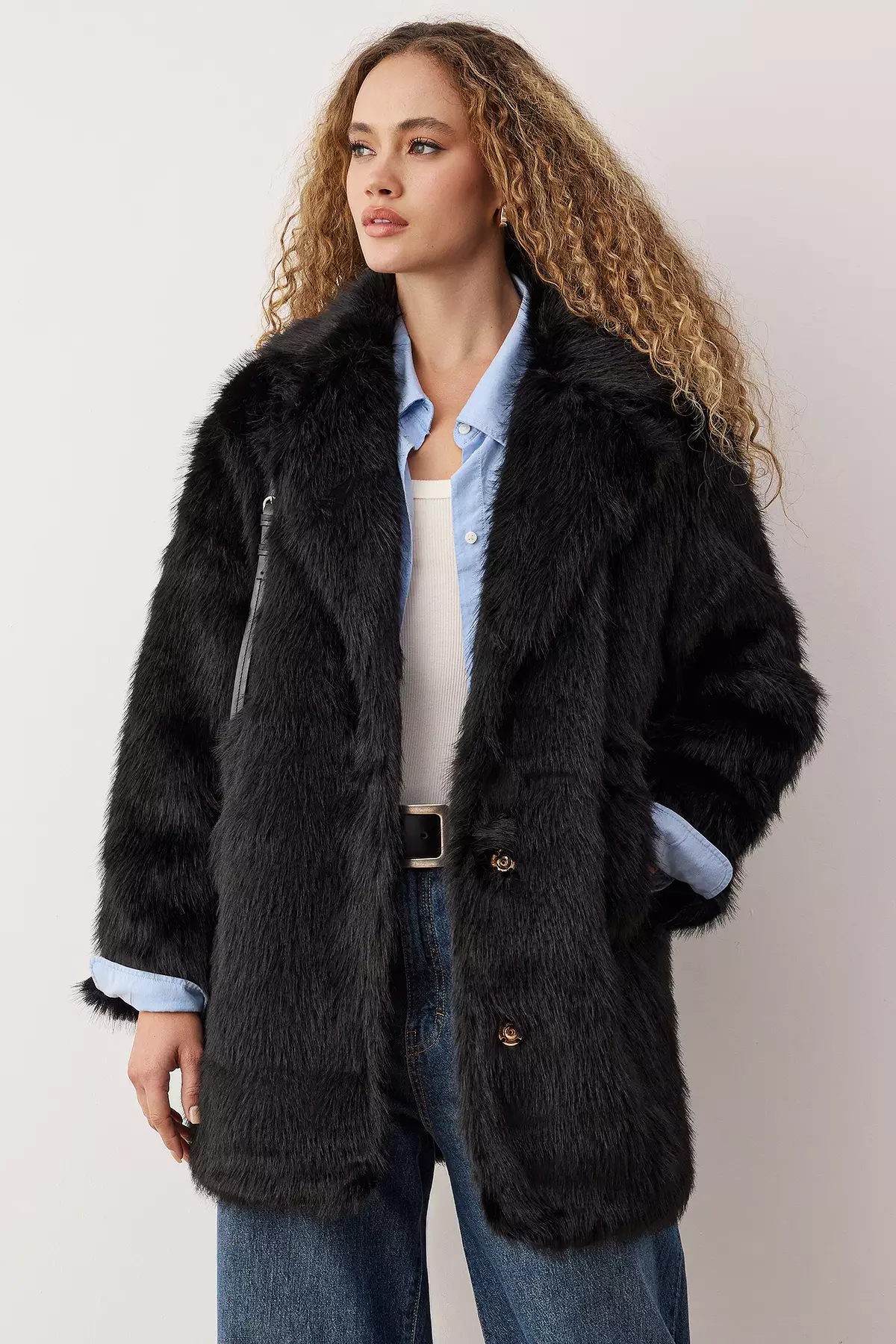 Black Fur Mono Closure Oversize Midi Coat Twoaw26Kb6