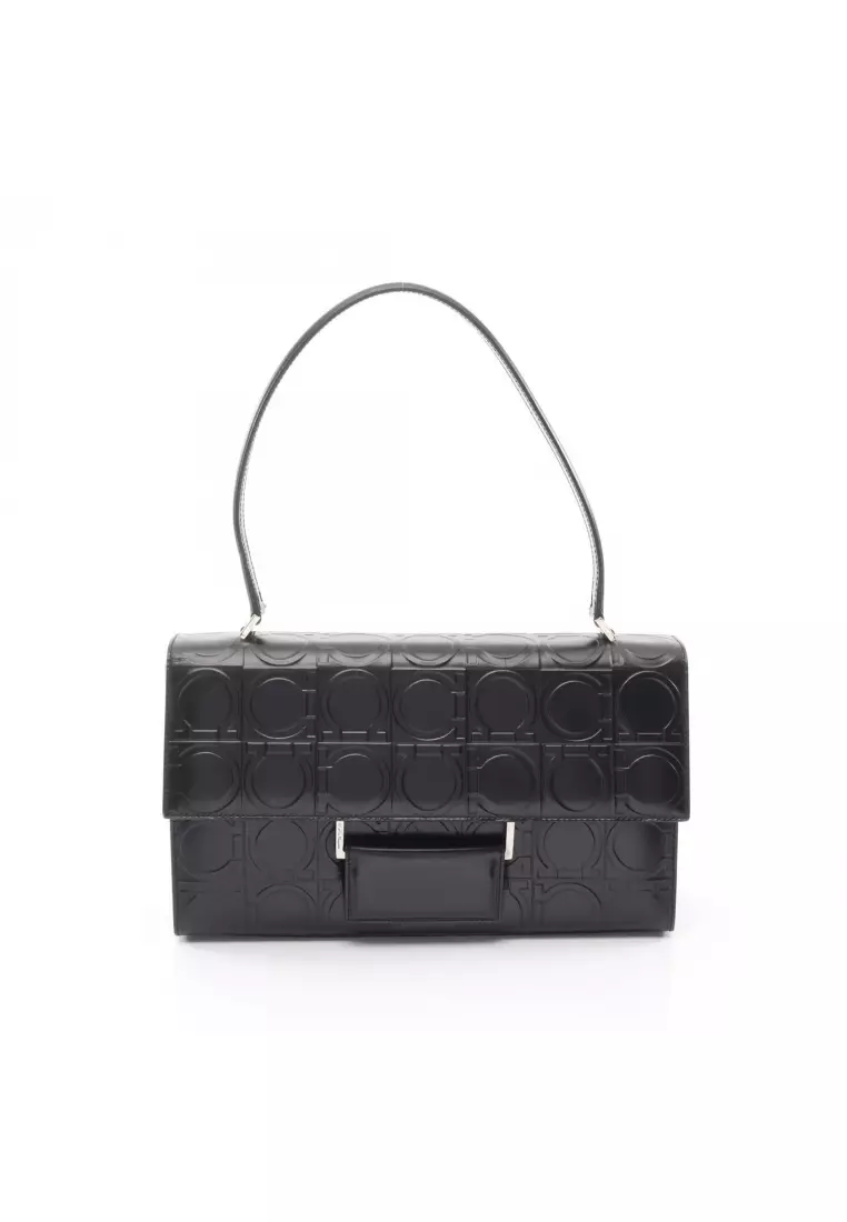 Pre-Loved Salvatore Ferragamo Gancini one shoulder bag leather black embossing