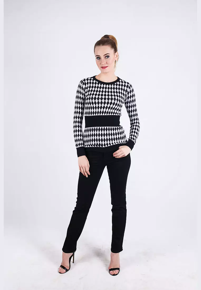 Slim Fit - Ladies T-Shirt - Black/White - Gingham